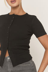 Black Short Sleeve Button Front Rib Top - Rosheen