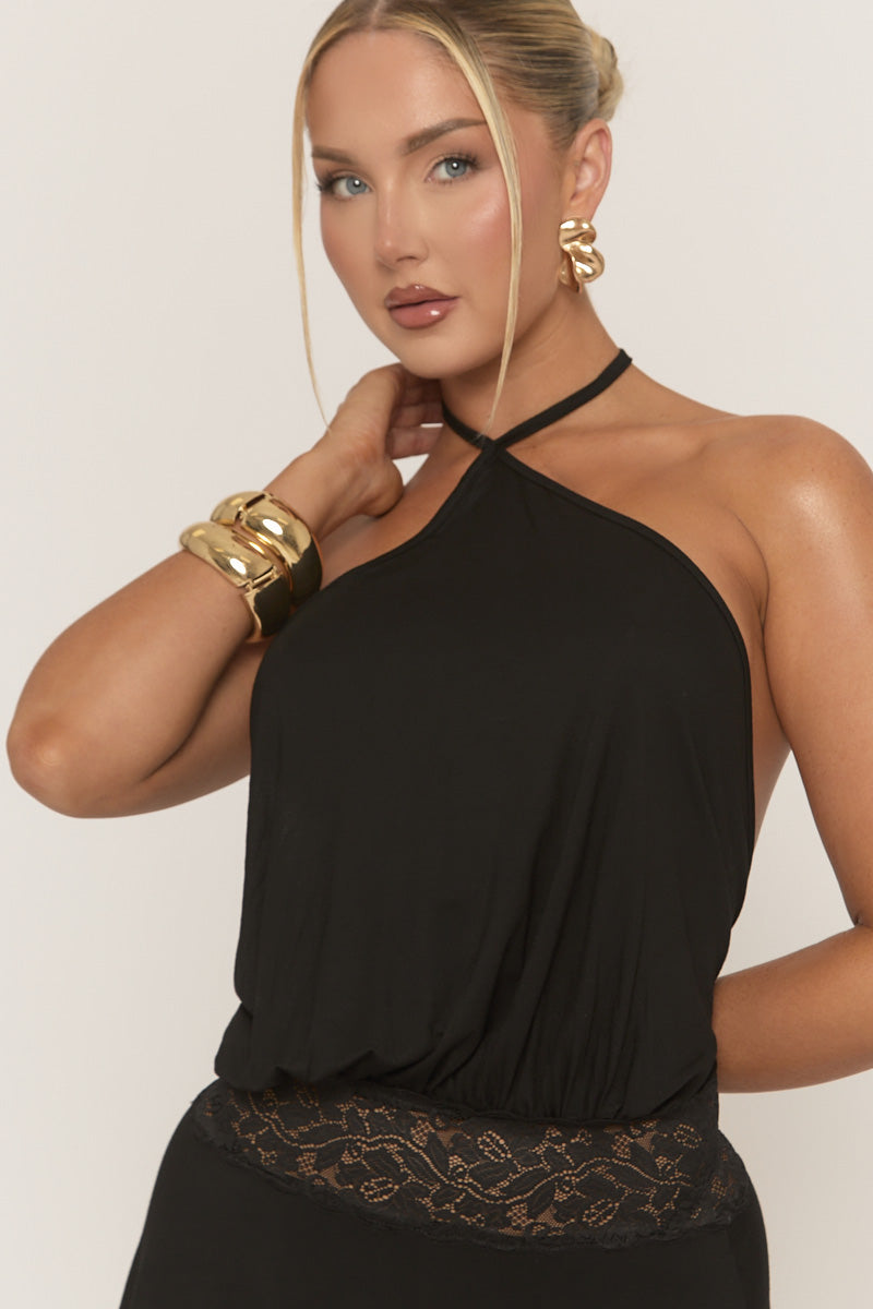 Black Lace Insert Halterneck Skater Dress - Sabeen