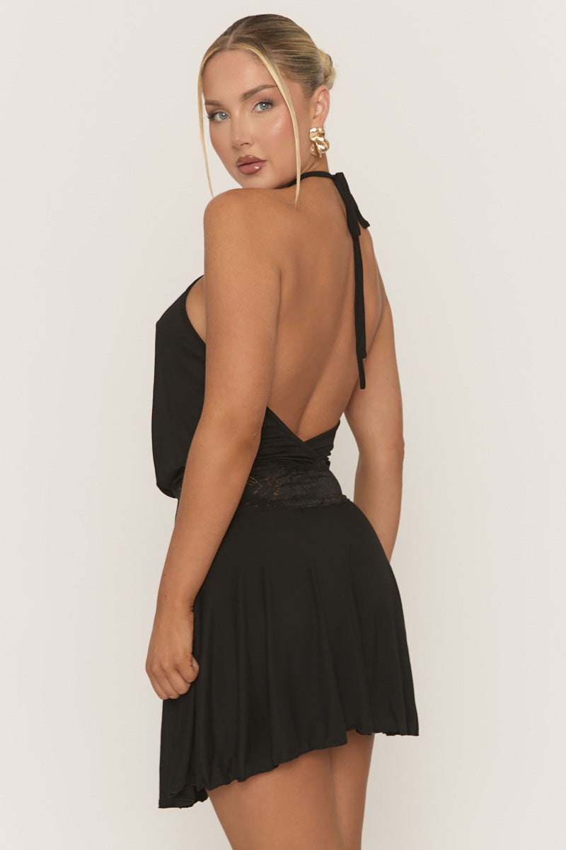 Black Lace Insert Halterneck Skater Dress - Sabeen