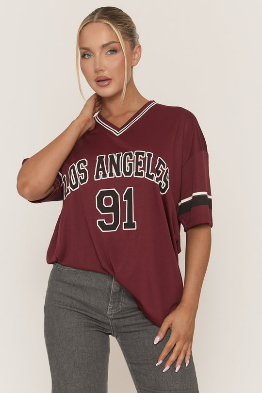 Wine Oversized Varsity Football T-shirt - Austin