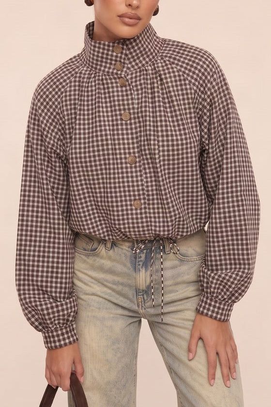 Chocolate Brown Check Funnel Neck Bomber Jacket - Sophaya