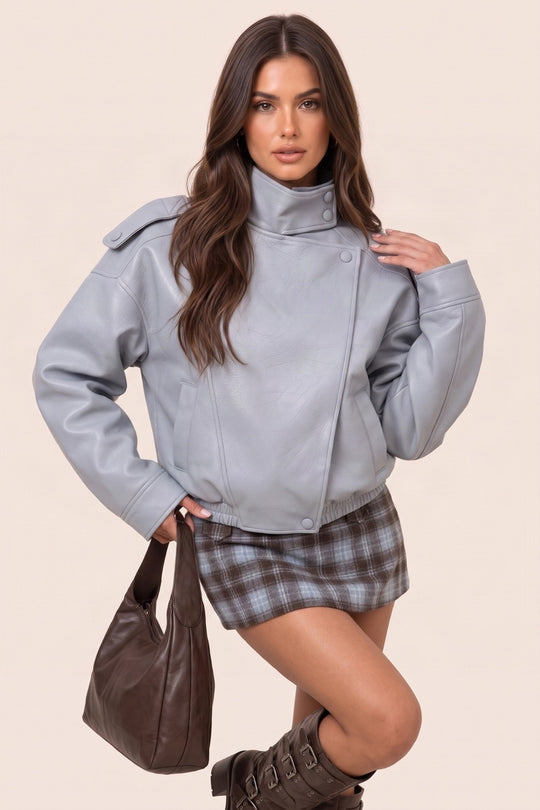Blue Faux Leather Funnel Neck Oversized Bomber Jacket - Deanna