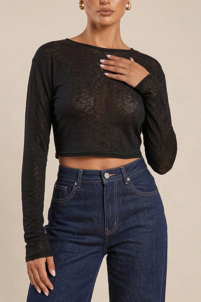 Black Long Sleeve Semi Sheer Top - Keelin