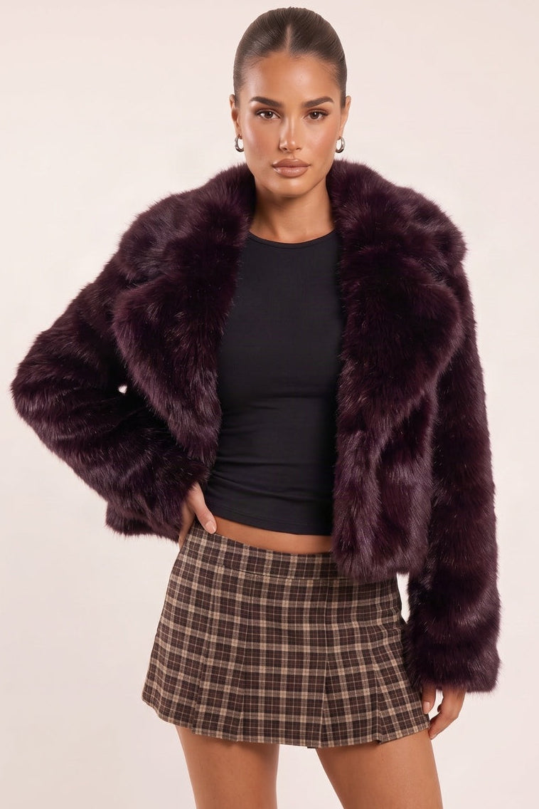 Plum Premium Chunky Collar Faux Fur Coat - Uleena