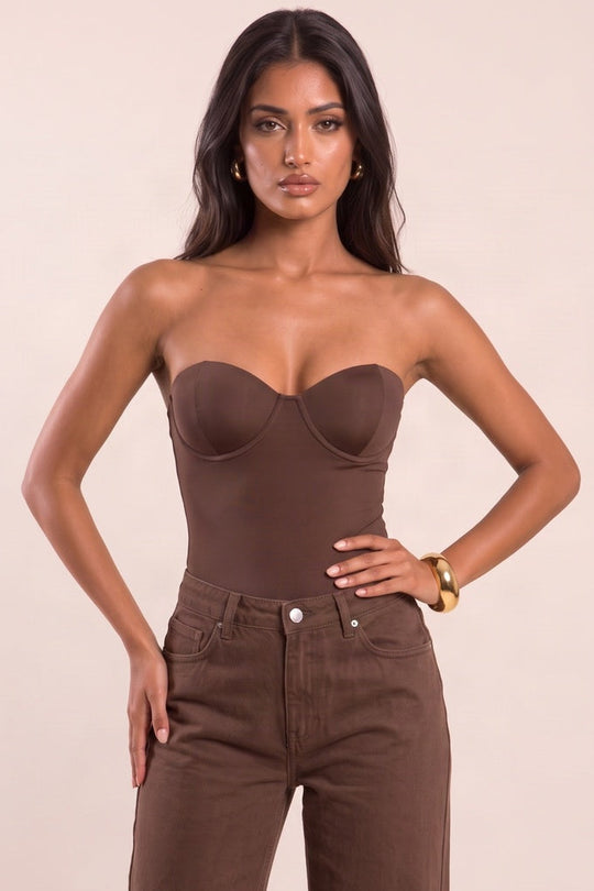 Chocolate Slinky Strapless Padded Bodysuit - Shari