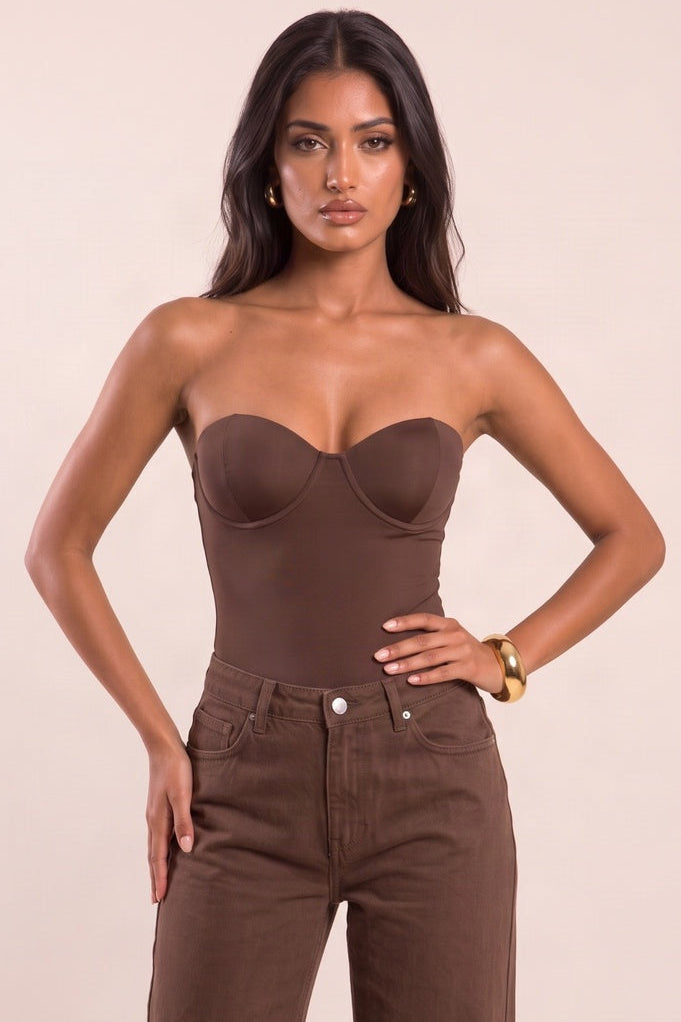 Chocolate Slinky Strapless Padded Bodysuit - Shari