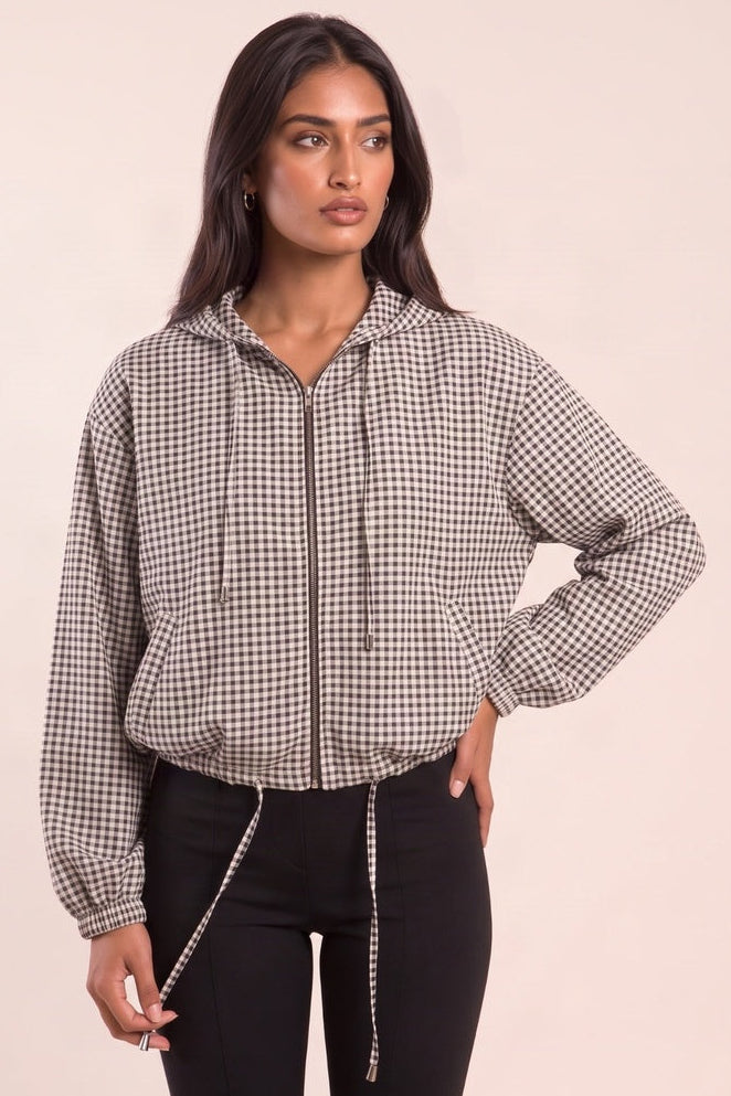 Black White Check Hooded Zip Front Bomber Jacket - Alvera