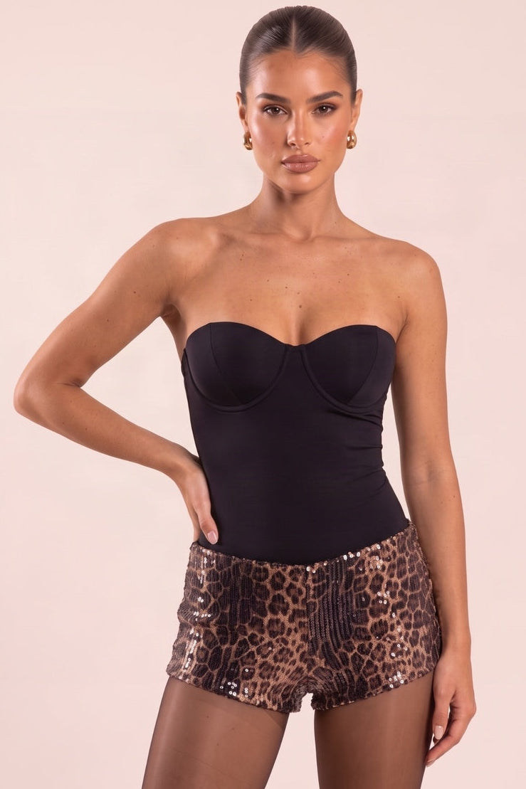 Brown Leopard Print Sequin Mini Shorts - Yvanna