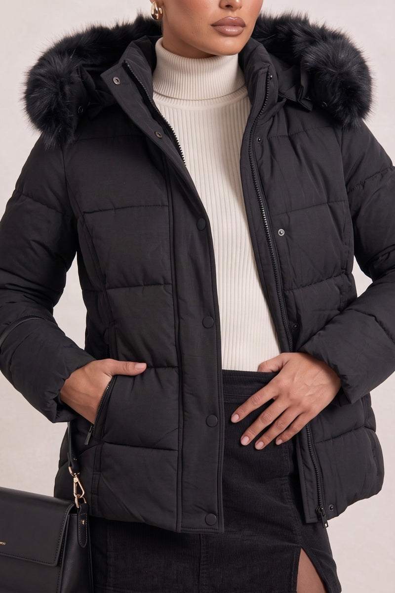 Black Detachable Faux Fur Trim Hooded Longline Puffer Coat - Emily