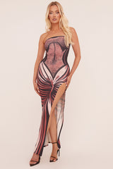Pink Abstract Print Bandeau Side Slit Maxi Dress - Alan