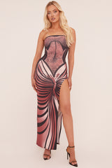Pink Abstract Print Bandeau Side Slit Maxi Dress - Alan
