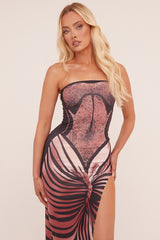 Pink Abstract Print Bandeau Side Slit Maxi Dress - Alan