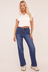 Mid Blue Stretch Front Pockets Straight Leg Jeans - Analynn