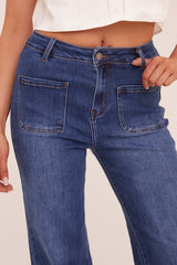 Mid Blue Stretch Front Pockets Straight Leg Jeans - Analynn