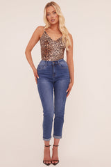 Mid Blue Stretch High Waist Tun Up Hem Mom Jeans - Nirvana