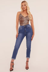 Mid Blue Stretch High Waist Tun Up Hem Mom Jeans - Nirvana