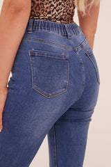 Mid Blue Stretch High Waist Tun Up Hem Mom Jeans - Nirvana