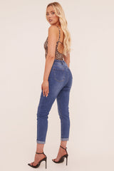 Mid Blue Stretch High Waist Tun Up Hem Mom Jeans - Nirvana