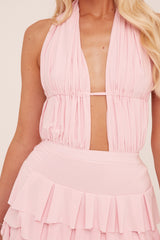 Pink Plunge Neck Frill Detail Mini Dress - Swan