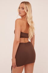 Brown Ruching Detail Bandeau Cropped Top & Mini Skirt Co-ord Set - Trisa