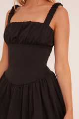 Black Ruching Detail Puffball Mini Dress - Katie
