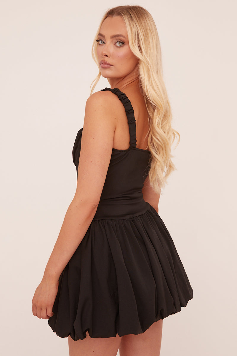 Black Ruching Detail Puffball Mini Dress - Katie