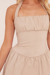 Beige Ruched Halter Neck Puffball Mini Dress - Anessa