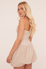 Beige Ruched Halter Neck Puffball Mini Dress - Anessa