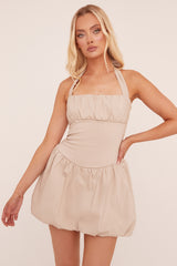 Beige Ruched Halter Neck Puffball Mini Dress - Anessa