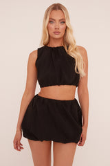 Black Round Neck Puffball Top & Mini Skirt Co-ord Set - Calbi