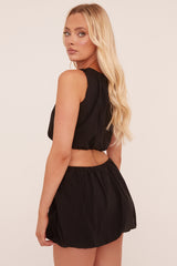 Black Round Neck Puffball Top & Mini Skirt Co-ord Set - Calbi