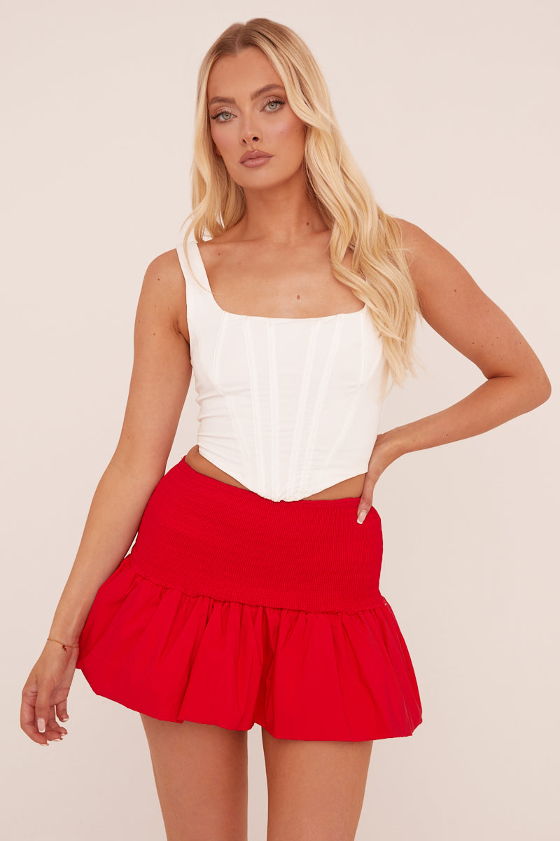 Red Shirring Detail Puffball Mini Skirt - Gracen