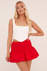 Red Shirring Detail Puffball Mini Skirt - Gracen