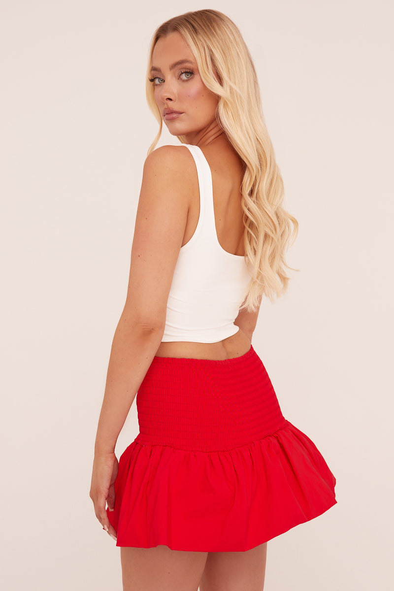 Red Shirring Detail Puffball Mini Skirt - Gracen