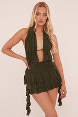 Khaki Plunge Neck Frill Detail Mini Dress - Swan