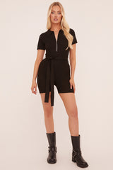 Black Knit Zip Front Belt Detail Playsuit - Haydi