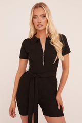 Black Knit Zip Front Belt Detail Playsuit - Haydi