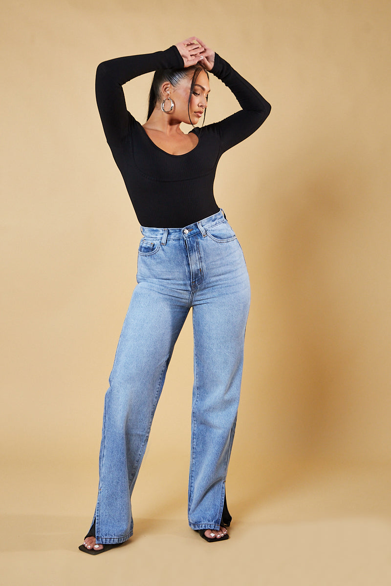 Mid Wash Straight Leg Side Split Hem Jeans - Tashi