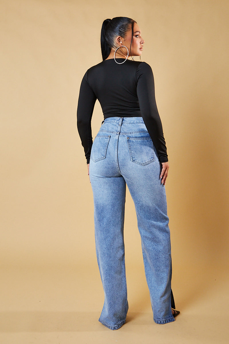 Black Plunge Neck Long Sleeve Bodysuit - Edith