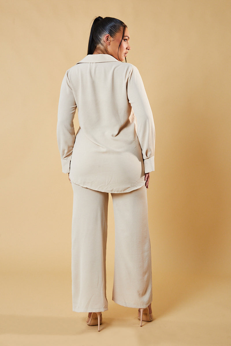Beige Button Up Front Shirt & Wide Leg Trouser Co-ord - Alicia