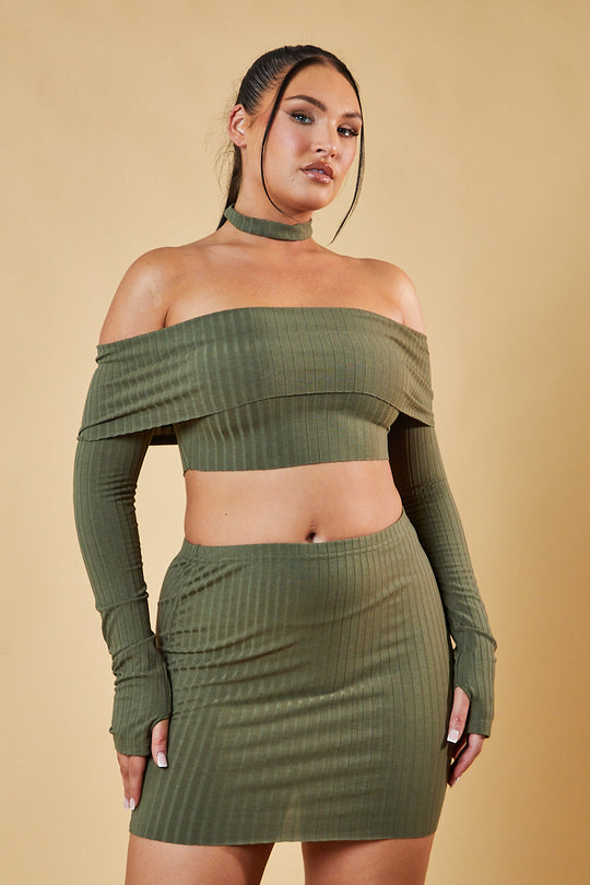Khaki Bardot Choker Neck Cropped Top & Mini Skirt Co-ord Set - Carla