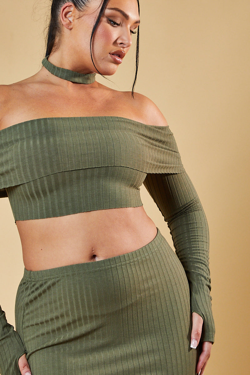 Khaki Bardot Choker Neck Cropped Top & Mini Skirt Co-ord Set - Carla