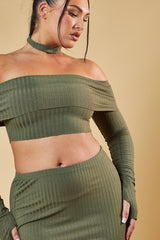 Khaki Bardot Choker Neck Cropped Top & Mini Skirt Co-ord Set - Carla