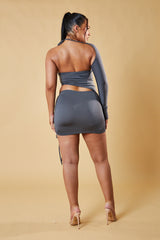 Grey Asymmetric One Sleeve Crop Top & Ruched Mini Skirt Co-ord Set - Darcie