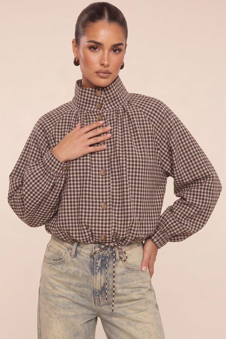 Chocolate Brown Check Funnel Neck Bomber Jacket - Sophaya