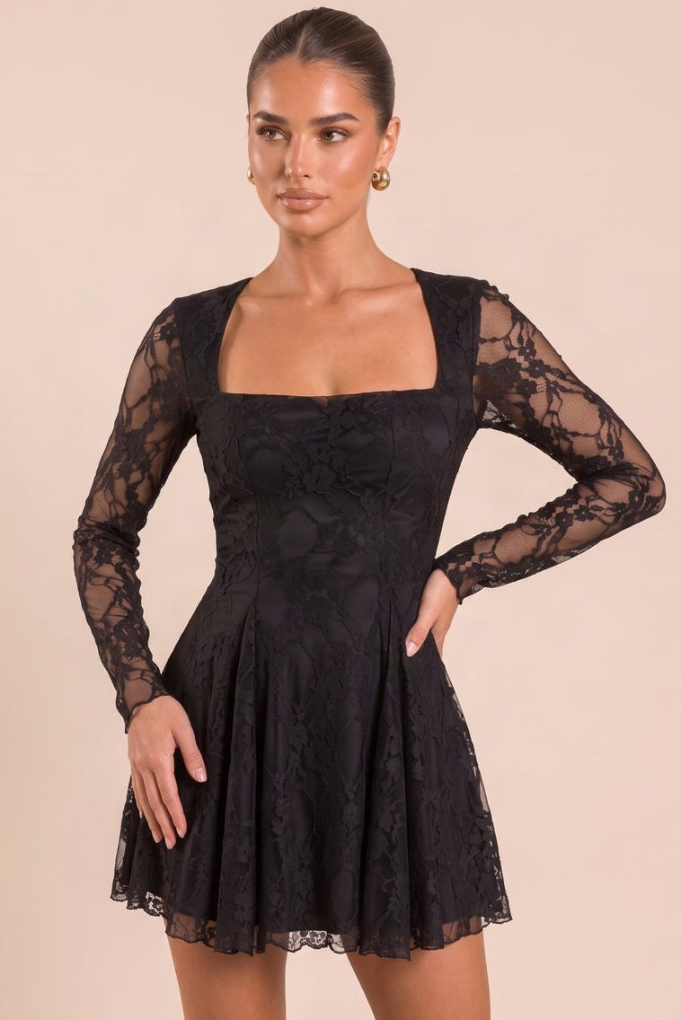 Black Lace Godet Detail Long Sleeve Mini Dress - Calliope