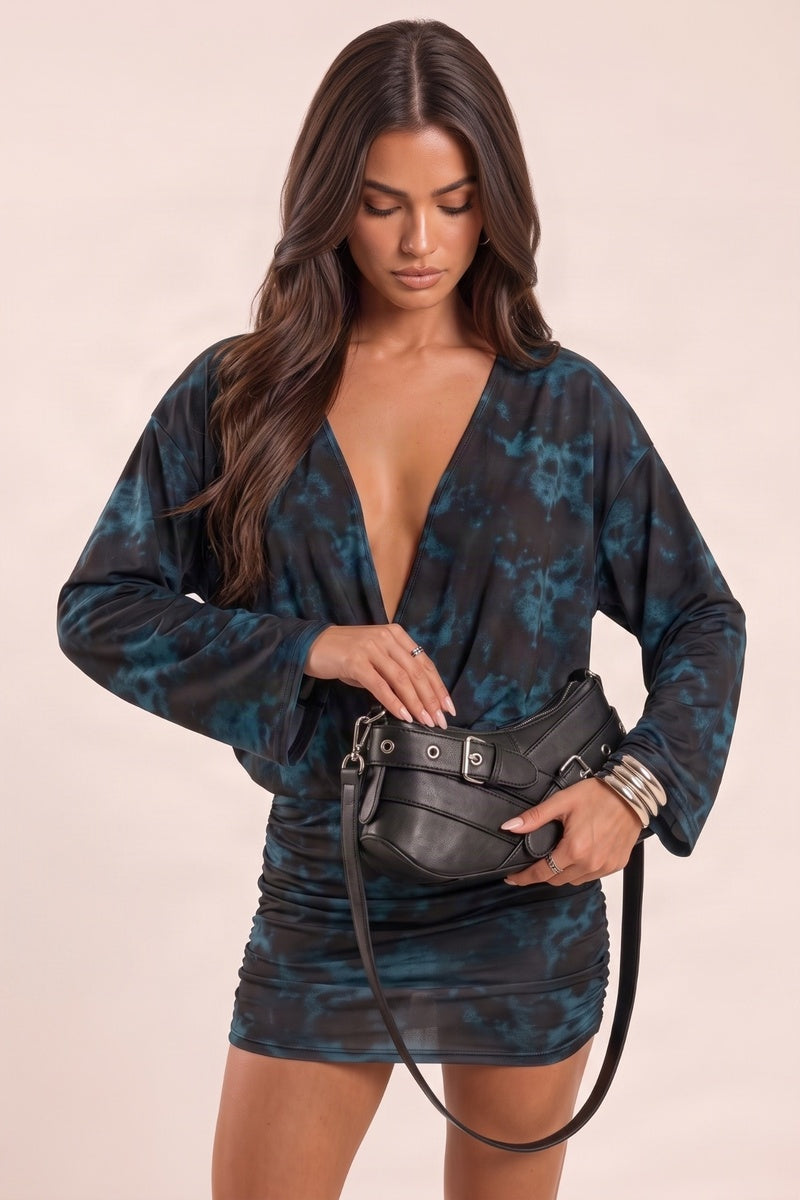 Blue Printed Deep Plunge Blouson Mini Dress - Arlette