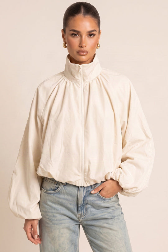 Cream Funnel Neck Zip Front Bomber Jacket - Kairi