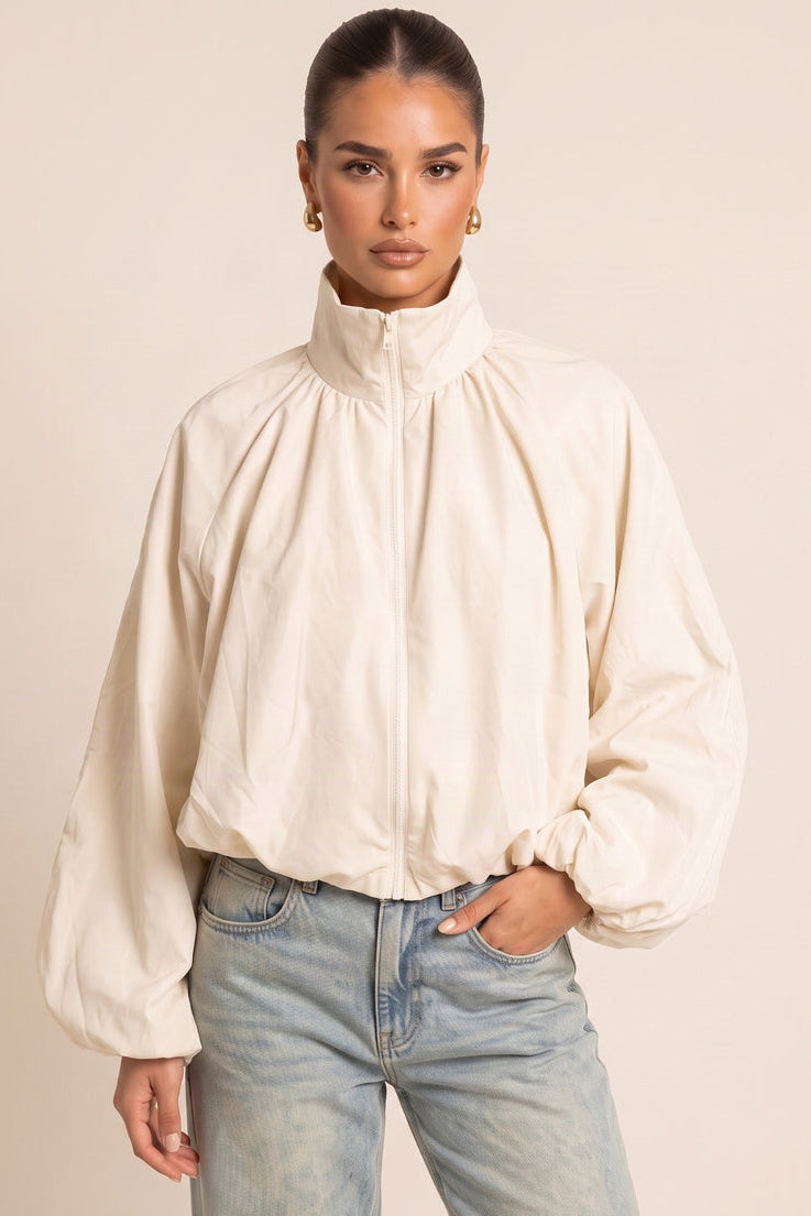 Cream Funnel Neck Zip Front Bomber Jacket - Kairi