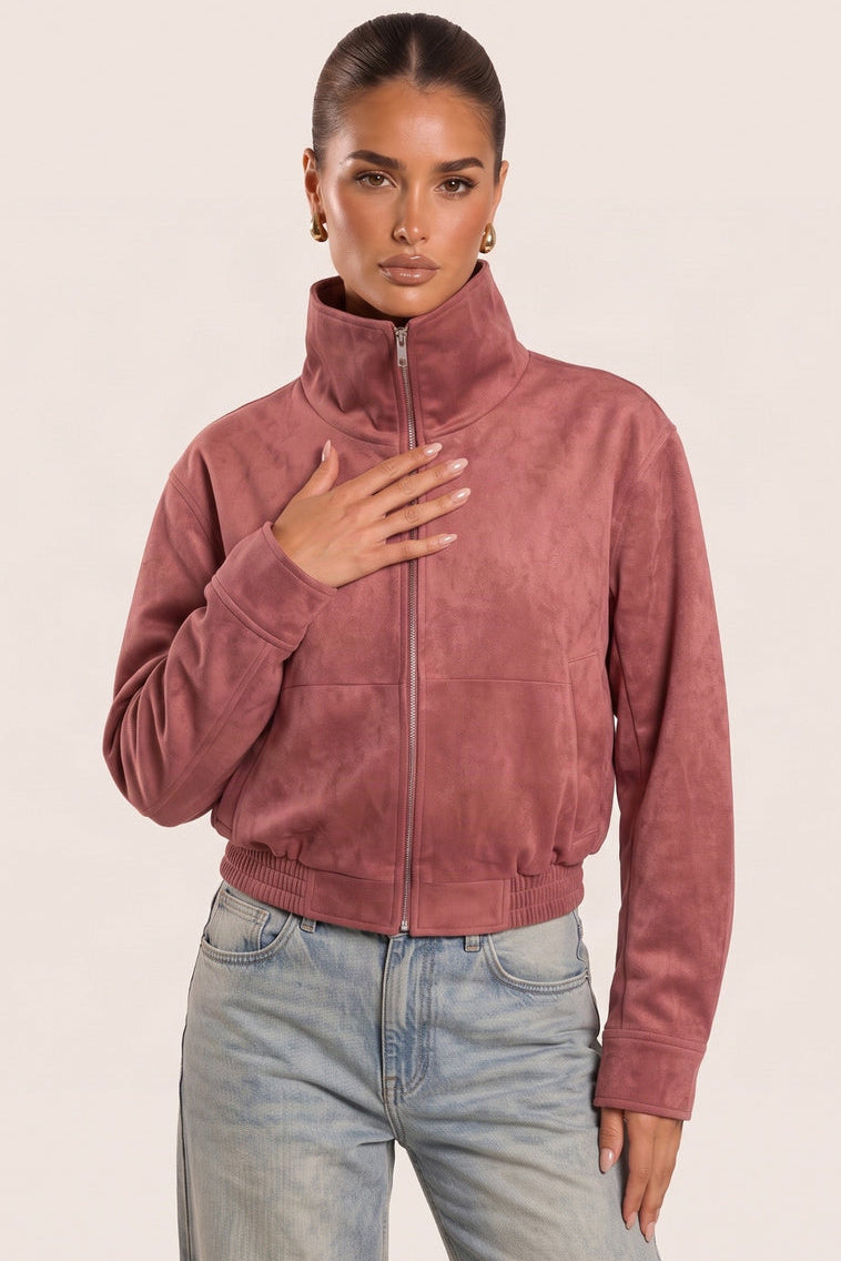 Dusky Pink Faux Suede Bomber Jacket - Reenie